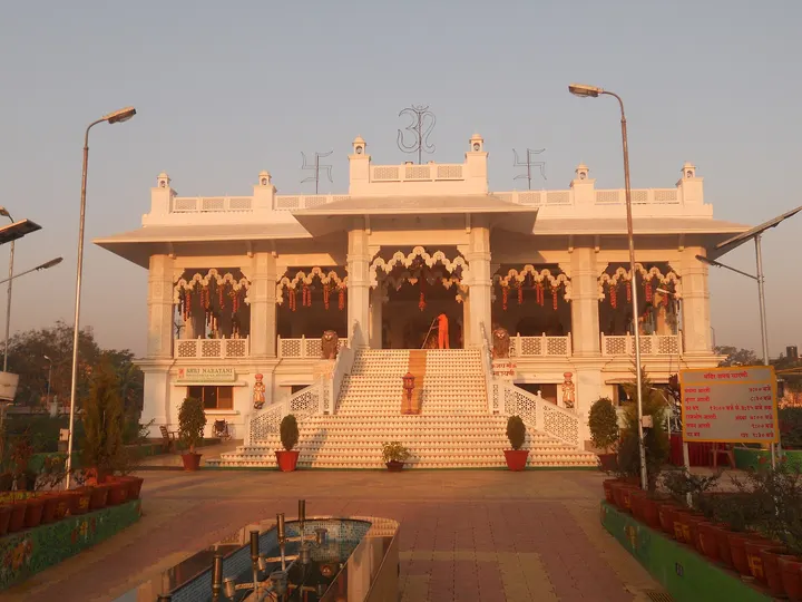 The main white-marble temple at Shree Narayani Dham, Lonavala.