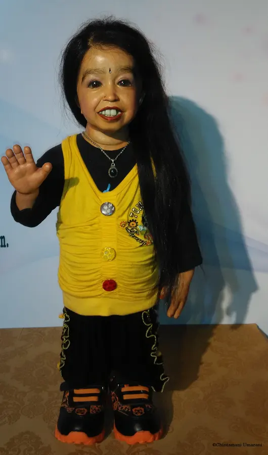Archival photograph of the Jyoti Amge wax figure at the Celebrity Wax Museum, Lonavala (2015).